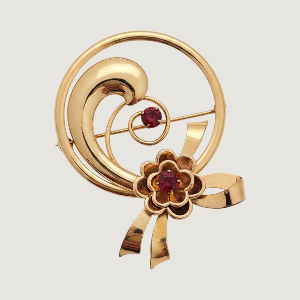 Vintage Harry Iskin Signed HI 1/20 10K Gold Filled Retro Ribbon Flower Brooch